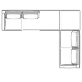 Sectional sofa line drawing, black and white, L-shape configuration with five modules, rectangular cushions, and horizontal backrest padding.