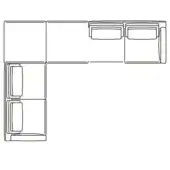 Modular sectional sofa line drawing, black and white, L-shape configuration with rectangular cushions and armrests, schematic floor plan.
