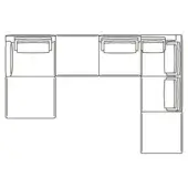Sectional sofa line drawing, modular L-shape, six units, minimalist design, rectangular and square forms, pillow and armrest details, white background.