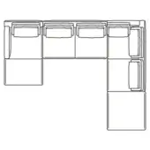Sectional sofa black and white line drawing, L-shape with seven modular components, square cushions, minimalist contemporary design.
