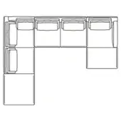 Sectional sofa black and white line drawing, modular L-shape with chaise, four back cushions, rectangular forms, schematic furniture layout.