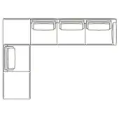 Sectional sofa line drawing, modular black and white design, L-shape with six pieces, cushioned backrests, and flexible arrangement.