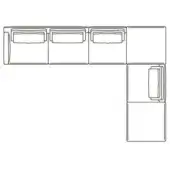 Modular sofa line drawing, gray, L-shape configuration with four rectangular sections and rounded cushioning, schematic furniture design.