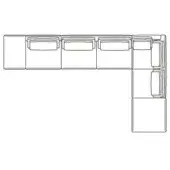 Modular sectional sofa line drawing, black on white, L-shape with seven square modules and rectangular cushions, technical schematic.