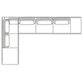 Sectional sofa line drawing, modular L-shape, white background, square cushions, rounded edges, five-unit row and three-unit arm arrangement.