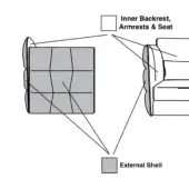 Chair construction diagram, grayscale schematic, showing inner grid structure and external shell, rounded form, high back, side and rear views.