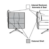 Chair technical diagram, gray grid shell, silver five-prong base, internal cushioned seat and backrest, labeled components, white background.