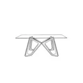 Table line drawing, minimalist design, angular mirrored base, rectangular tabletop, white background, geometric form, modern furniture.