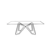 Rectangular glass table with metal base, featuring mirrored angular supports and geometric curved line patterns, white background.