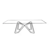 Glass table with black metal legs shaped as interconnected butterfly wings, geometric pattern, minimalist design, white background.