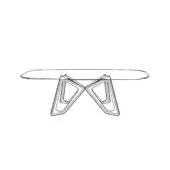 Table line drawing, metal base, rectangular top, minimalist design, angular bracket supports, white background, modern furniture illustration.