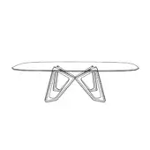 Coffee table, glass top, oval shape, with two angular metal bases forming inverted W supports, minimalist modern design, white background.