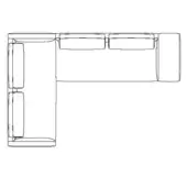 Sectional sofa line drawing, gray, 90-degree angle chaise lounge, two cushions, minimalist design, rectangular forms, technical schematic.