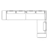 Sectional sofa black and white line drawing, L-shape configuration, three seat cushions, boxy modular design, minimalist schematic.