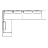 Sectional sofa line drawing, black on white, modular design with corner unit and attached vertical element, geometric forms.