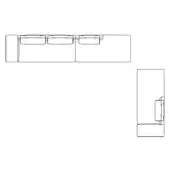Sectional sofa line drawing, white background, L-shape with three modules, rectangular form, angled backrest, square armrest, “comp. c dx”.