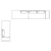 Three-seater sofa technical drawing, black line on white, rectangular form with low back, wide armrests, angled legs, seat cushions shown.