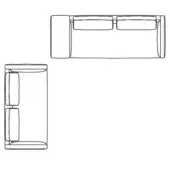 Two-piece sofa schematic, white line drawing, rectangular cushions, rounded top edge, minimalist geometric form, side and top views.