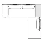 Sectional sofa line drawing, white background, L-shape with cushions, cylindrical element, geometric design, text “comp. e dx” integrated.