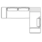 Sectional sofa black and white line drawing, L-shape with two and one back cushions, modular contemporary design, rectangular silhouette.