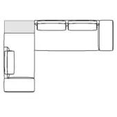 Sectional sofa black and white line drawing, L-shape configuration with rectangular cushions, curved armrest, and gray shaded modular design.