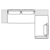 Sectional sofa line drawing, white background, minimalist design with rectangular cushions, labeled components, technical furniture layout schematic.