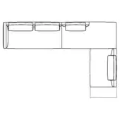 Sectional sofa schematic, black lines on white, linear three-seat configuration with right-angled corner module and rectangular cushions.