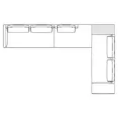 Modular sectional sofa line drawing, L-shape, box cushions, contemporary design, studio rendering, white background.