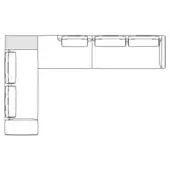 Modular sectional sofa line drawing, rectangular form, three sections with cushions, L-shaped arm, minimalist design, white background.