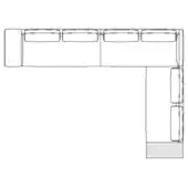 Sectional sofa schematic, black line drawing, L-shape with four and three cushion sections, gray base detail, white background.