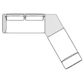 Sectional sofa line drawing, white background, L-shape with two and one square cushion backrests, minimalist geometric design, "comp. k" label.