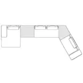 L-shaped sectional sofa schematic, grayscale tones, minimalist design with chaise lounges, rectangular cushions, and single decorative pillows.