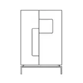 Tall cabinet line drawing, black and white, rectangular form with sliding doors, vertical handle, geometric cutouts, and minimalist legs.