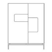 Armoire line drawing, black and white, rectangular shape with asymmetrical cut-out doors and four legs, minimalist geometric design.