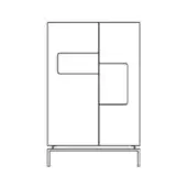 Rectangular cabinet, white finish, asymmetrical recessed panels, slender angled legs, minimalist design, vertical division, clean lines.