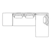 Modular sectional sofa, black line drawing, L-shape configuration with rectangular cushions and square armrests, minimalist schematic design.