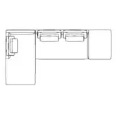 Sectional sofa schematic, black lines on white, corner unit with square detail, rectangular cushioned seats, minimalist geometric design.