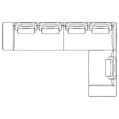 Sectional sofa line drawing, monochromatic, rectangular modules forming angular seating with cushions, technical schematic style on white background.