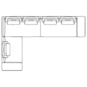 Sectional sofa line drawing, black and white, L-shape with six cushions, three seating modules, and one visible armrest, schematic furniture plan.