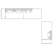 Three-seater sofa technical drawing, neutral fabric upholstery, low profile with rectangular cushions, angled backrest, CAD rendering.