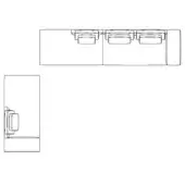Sofa technical drawing, black lines, rectangular three-seater with low base, angled backrest, top and side views, minimalist design.