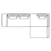Sectional sofa schematic, white line drawing, L-shape configuration with three modules, rounded edges, and cushioned seat indentations.