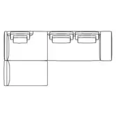 Sectional sofa schematic, black lines, L-shaped configuration with corner, two-seat, and base modules, geometric design on white background.