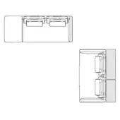 Furniture technical drawings depict a two-seater sofa and tall cabinet in black lines on a white background, showing top and side views.