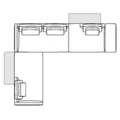 Sectional sofa schematic, black lines on white, rectangular modules with square cushions, L-shaped extension with armrest and back.