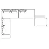 Modular seating schematic, black lines on white, L-shape layout with rectangular and rounded modules, labeled “comp. g dx”.