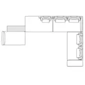 Sectional sofa configuration, black line drawing, L-shape, three modules, rectangular cushions, technical illustration, white background.