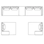 Modular sofa set schematic, white line drawing, rectangular forms with cushioned backrests, technical illustration of seating arrangement.