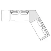 Modular seating arrangement line drawing, fabric upholstery, 90-degree corner layout with two armchairs and a bench cushion design.