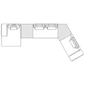 Sectional sofa schematic, gray modular design, L-shape with chaise, three-seater, and two-seater cushions, white background.